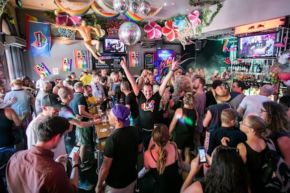 Marriage-equality advocates celebrate the “yes” verdict at the Stonewall Hotel following Australia’s postal vote in 2017.