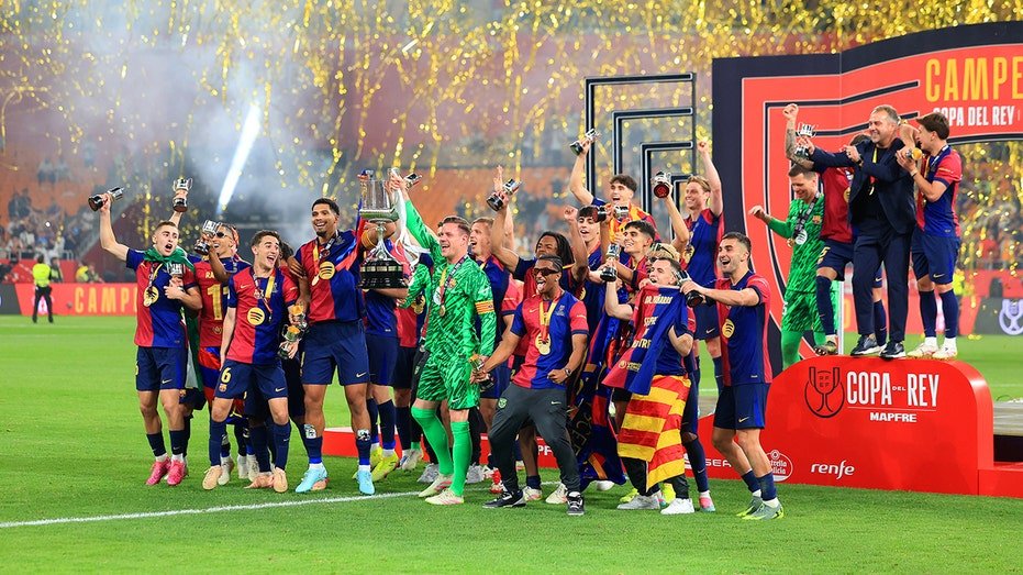 FC Barcelona celebrates a win on the futbol field