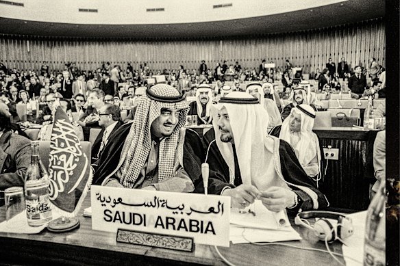 Saudi Crown Prince Fahd (who later became king) at an OPEC summit in Algiers in 1975 with Sheikh Ahmed Zaki Yamani, then Saudi minister of petroleum. 