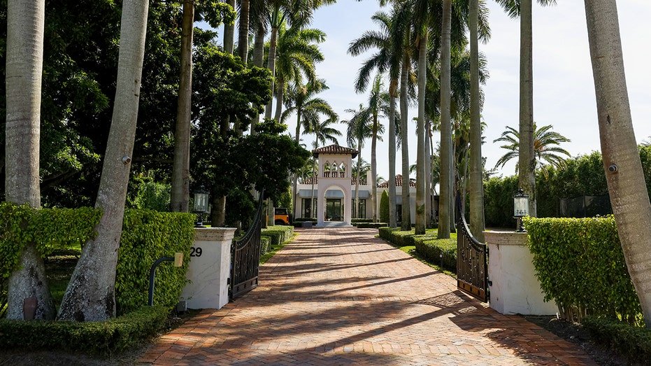 Palm trees line up to luxury home