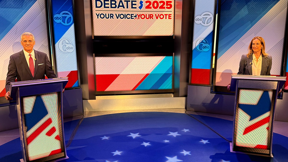 mikie sherrill and jack ciattarelli on the debate stage