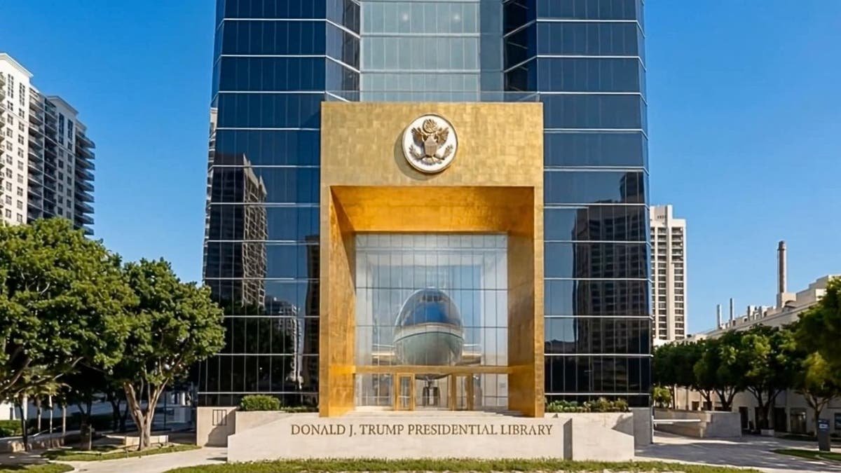 Trump presidential library entrance rendering with gold facade and aircraft