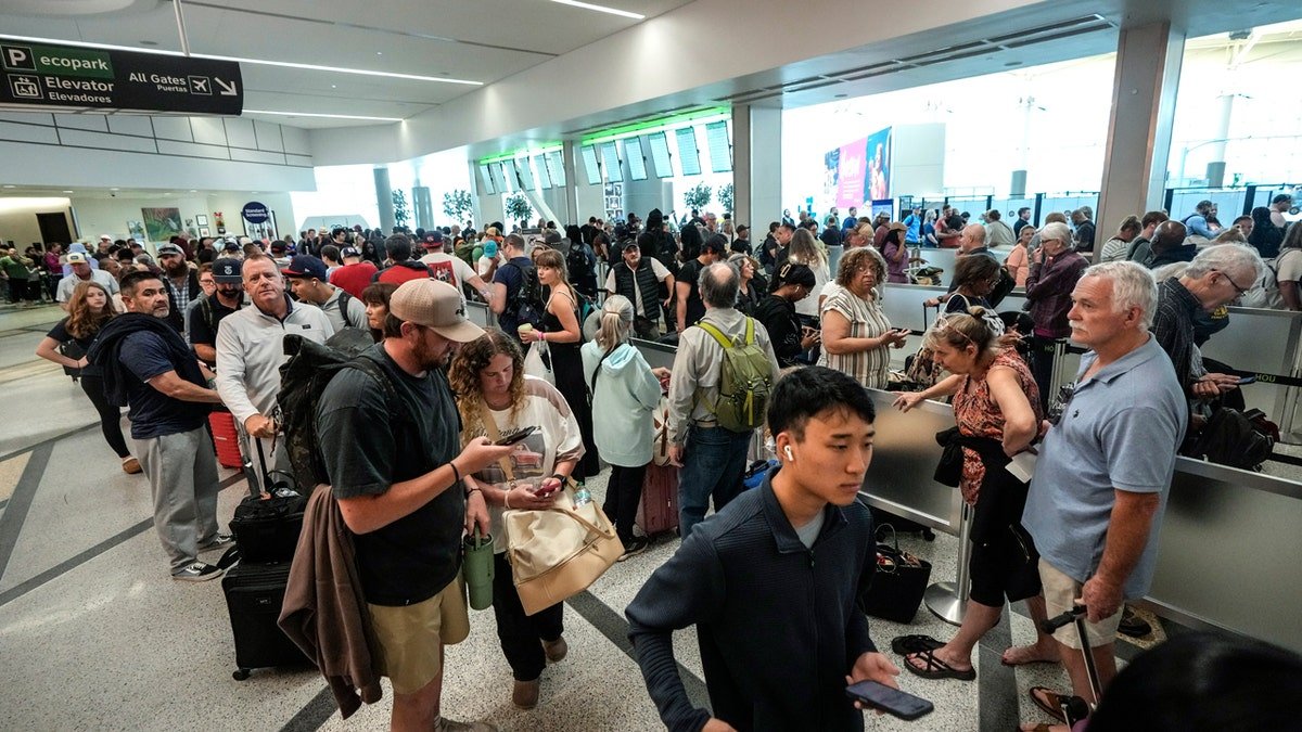 Airline passengers wait in long lines at William P. Hobby Airport in Houston