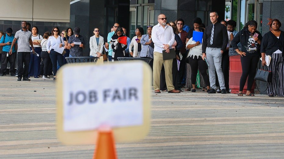 People line up for job fair