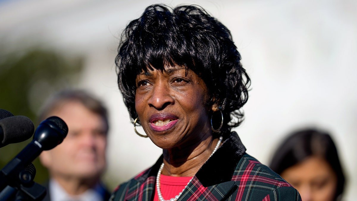 Rep. Valerie Foushee speaks at a podium.