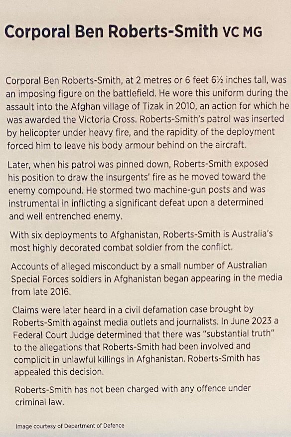 The text panel next to Roberts-Smith’s uniform as displayed this month.