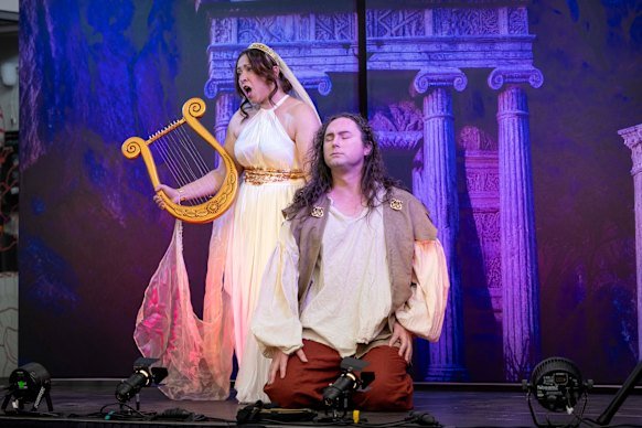 Adelaide Soccio Greenaway and Hew Wagner perform on the Moe Plaza stage.