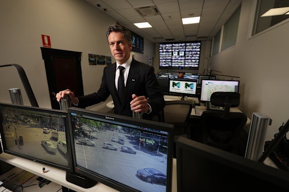 Lord Mayor Nick Reece in the City of Melbourne’s CCTV camera control room, which the council is using to track graffiti taggers. 