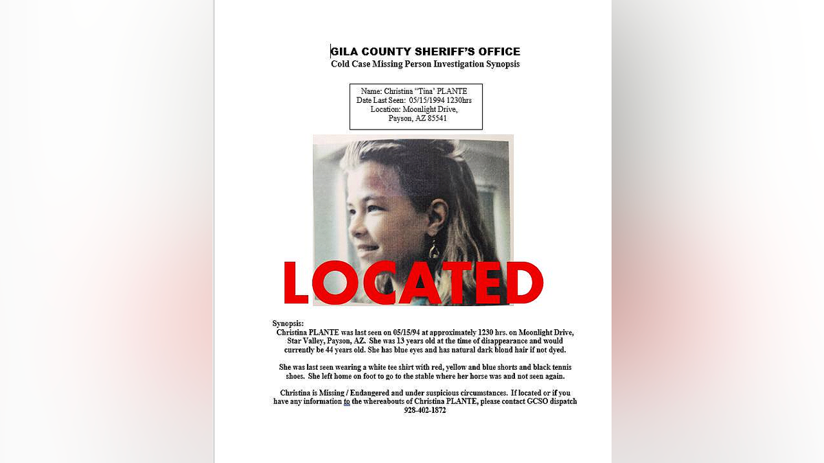 Original missing person flyer for Christina Plante marked located