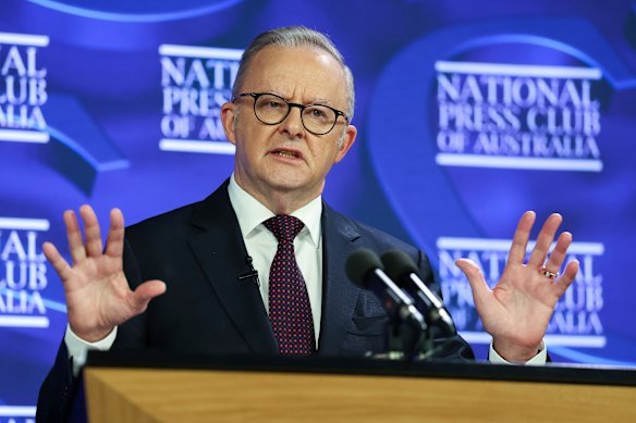 Albanese projects calm during an address to the National Press Club on Thursday.