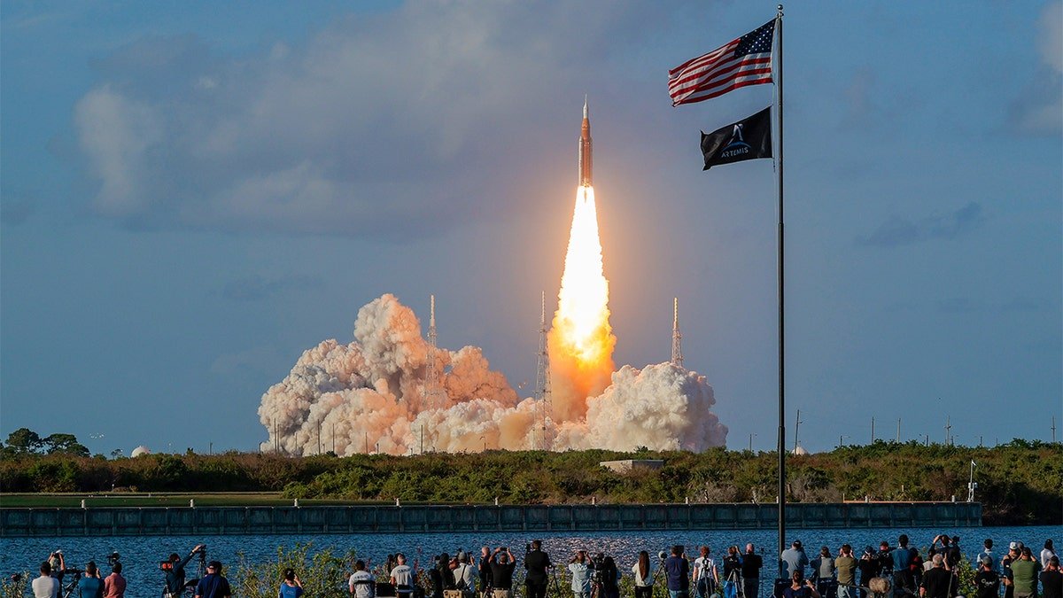 NASA's Artemis II Space Launch System rocket carrying Orion spacecraft lifts off from Launch Complex 39B