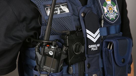 A body-worn camera on a Queensland police officer.