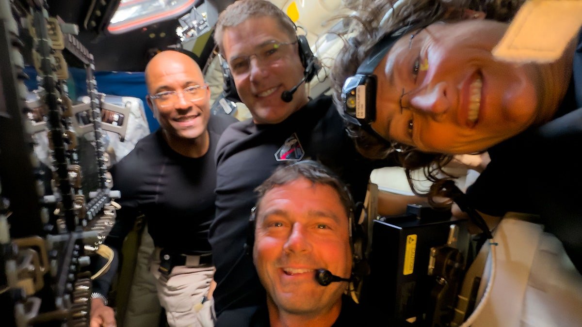 Artemis II crew members, from left, Victor Glover Jeremy Hansen, Victor Glover, Reid Wiseman and Christina Koch