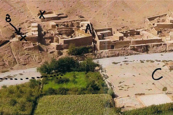 An exhibit in Ben Roberts-Smith’s failed defamation case, showing the village of Darwan. The “X” marked with “B” and an arrow is said to be the cliff from which a villager was allegedly kicked by Roberts-Smith. He denies the allegation.
