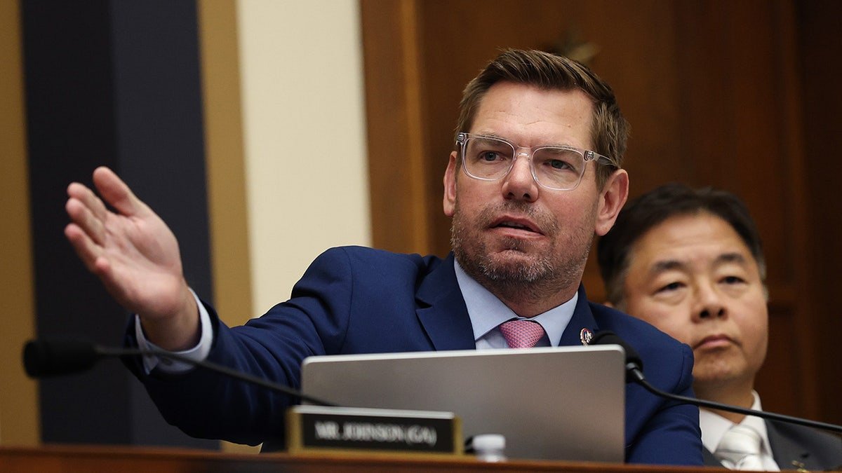 Rep. Eric Swalwell speaking during a House Judiciary Committee hearing with FBI Director Kash Patel in Washington, D.C.