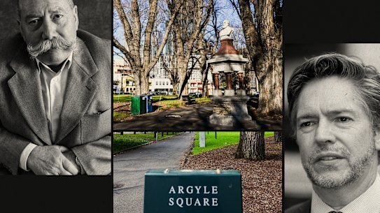 Marcocci family patriarch Eusebio Marcocci (left), Argyle Square and Melbourne Lord Mayor Nick Reece.