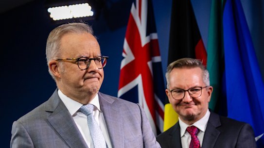 Prime Minister Anthony Albanese and Energy Minister Chris Bowen in Sydney on Saturday. 