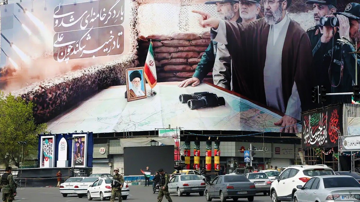 Banner featuring Iran’s Supreme Leader Mojtaba Khamenei and IRGC commanders displayed in Tehran