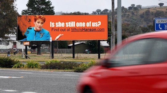 Anti-One Nation and Pauline Hanson advertisements, physical and TV, around the Farrer electorate before the May 9, 2026 byelection. 