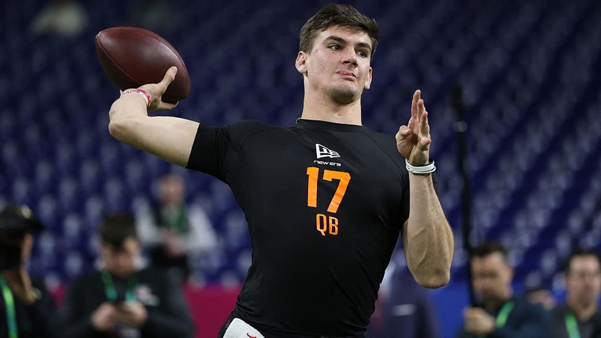 Ty Simpson of the Alabama Crimson Tide participates in a drill during the 2026 NFL Scouting Combine at Lucas Oil Stadium on February 28, 2026 in Indianapolis, Indiana. (Photo by Stacy Revere/Getty Images)