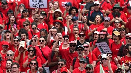 Teachers on strike in Melbourne on March 24.