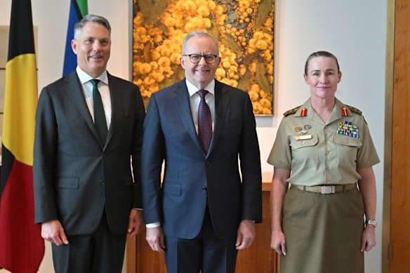 Deputy Prime Minister Richard Marles, Prime Minister Anthony Albanese and newly appointed Chief of Army Lieutenant General Susan Coyle.