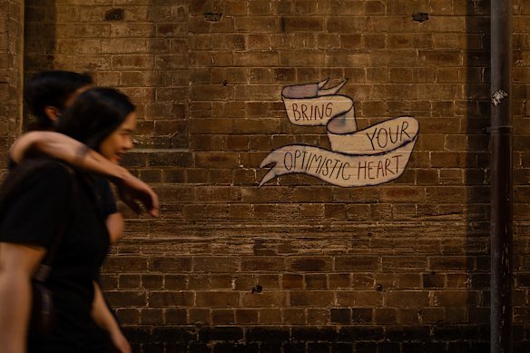 Abercrombie Street’s artwork has varied over the years. Bring our optimistic art says this quote. It was part of Katy B Plummer’s artwork “We Are All Astonishingly Wise”, which will return later this year. 