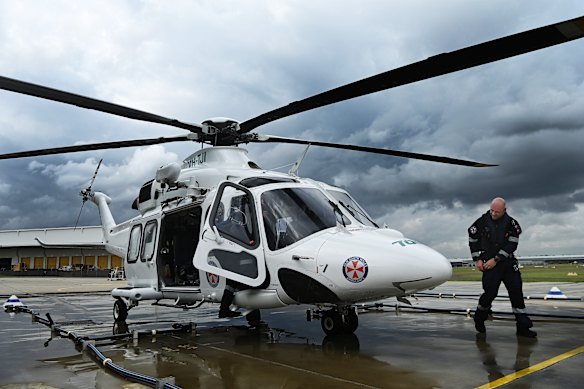 A Toll NSW Ambuance rescue helicopter at Bankstown airport. The rescue helicopters carrying a paramedic and doctor conduct rescues and transportation of patients around NSW and the ACT.