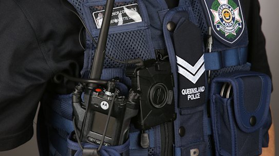 A body-worn camera on a Queensland police officer.