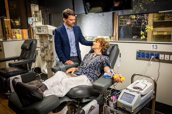 Ronda Rohrlach during her 40th blood donation. Her son Nick will donate for the first time on Monday after landmark changes to donation rules. 
