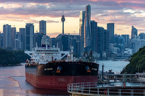 A crude oil tanker moored in Sydney in March.