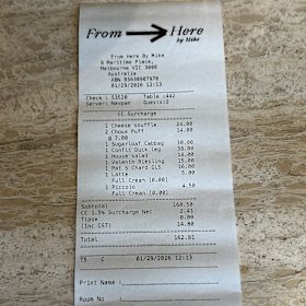 The bill at From Here by Mike.