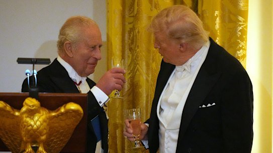 King Charles and President Donald Trump toast during the official state dinner at the White House.