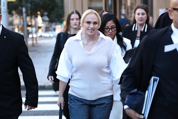 Rebel Wilson arrives at court to give evidence in her defamation case.