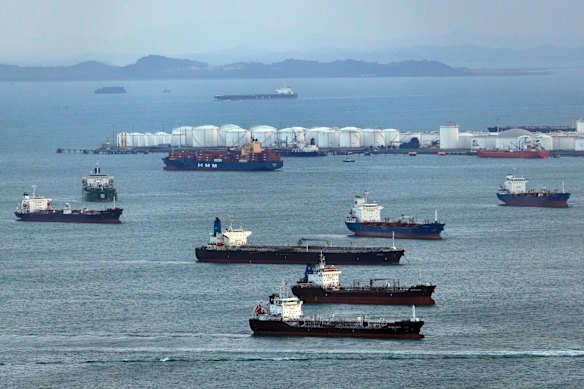 Oil tankers lining up at Singapore’s fuel refineries. 