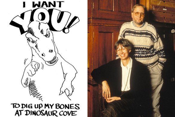 Dr Thomas Rich and Professor Pat Vickers-Rich, of Monash Science Centre, with a poster they used to recruit volunteer fossil-hunters to Dinosaur Cove in the 1980s.