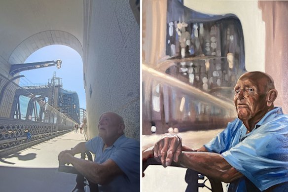 The photo that inspired the portrait: Fred Whitaker at the southern pylon of the Sydney Harbour Bridge.