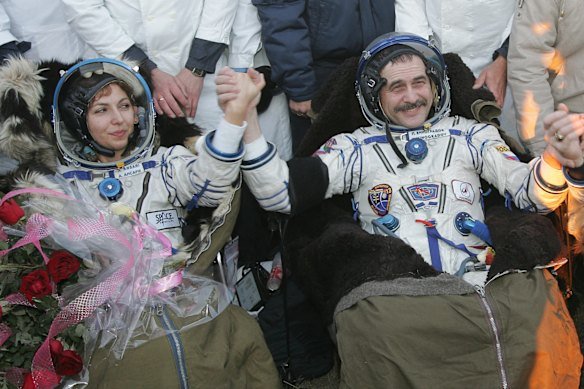 Ansari became the first female private space traveller, and travelled alonside Russian cosmonaut Pavel Vinogradov (right) and US astronaut Geoffrey Williams.