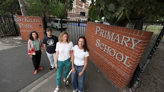 St Kilda Park Primary School parents Allison Shanahan, Dr Ross Barham, Elisa Webb and Kara Barbuto say it’s an indictment their school isn’t fully funded.