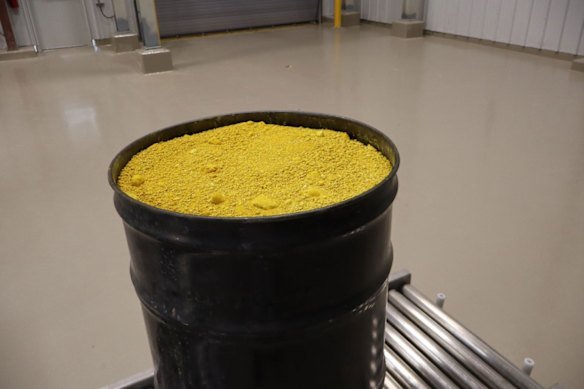A drum of uranium yellowcake from Peninsula Energy’s Lance Project in Wyoming, which began producing the goods back in September.