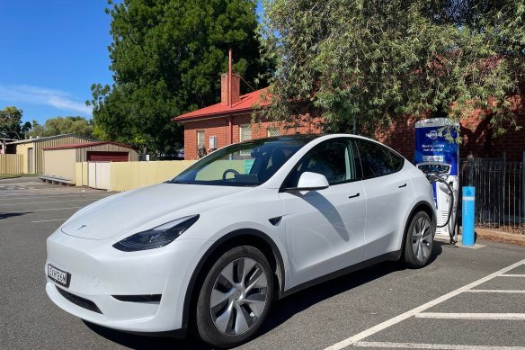 A Tesla charging up in Parkes, NSW.