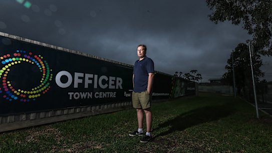Scott Morgan in his home suburb of Officer where residents are still waiting for a town centre development promised 17 years ago.