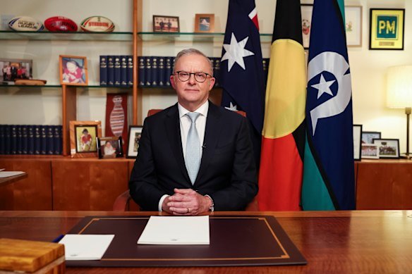 Prime Minister Anthony Albanese, photographed in his office at Parliament House in Canberra, after a pre-recorded address to the nation.