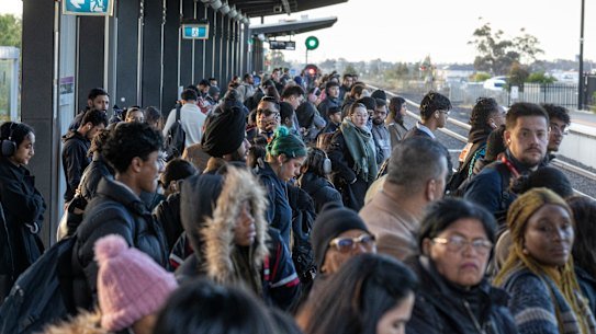 The morning commuter crush at Rockbank station.