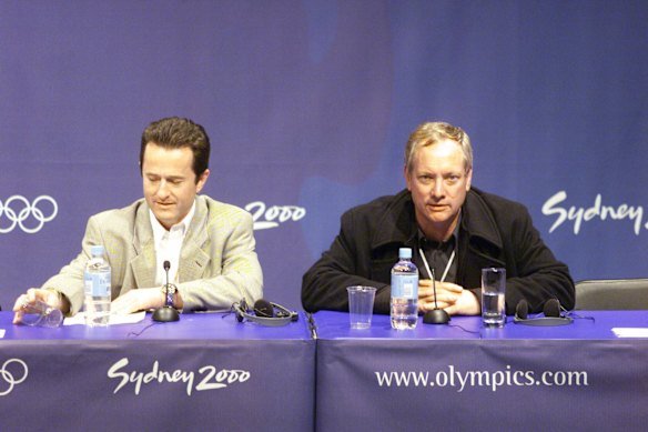David Atkins (left) with Sydney 2000 ceremonies executive producer Ric Birch, after the opening ceremony in Homebush.
