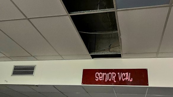 Ceiling damage on the top floor of Collingwood College.