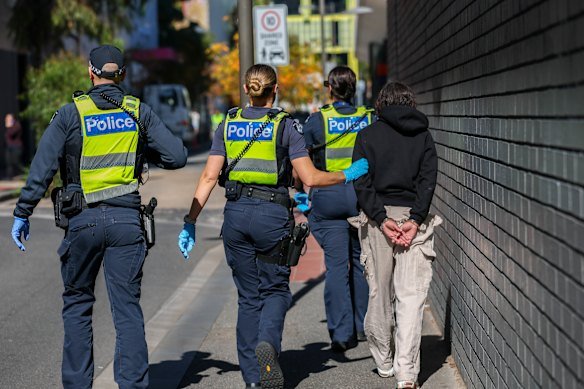 Police officers escort a woman who was allegedly shoplifting in Chapel Street, Prahran last week.