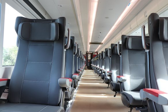 Inside a new regional train carriage.