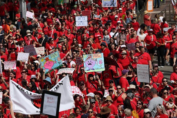Teachers striking in the Melbourne CBD on March 24. More industrial action is planned for May and June.