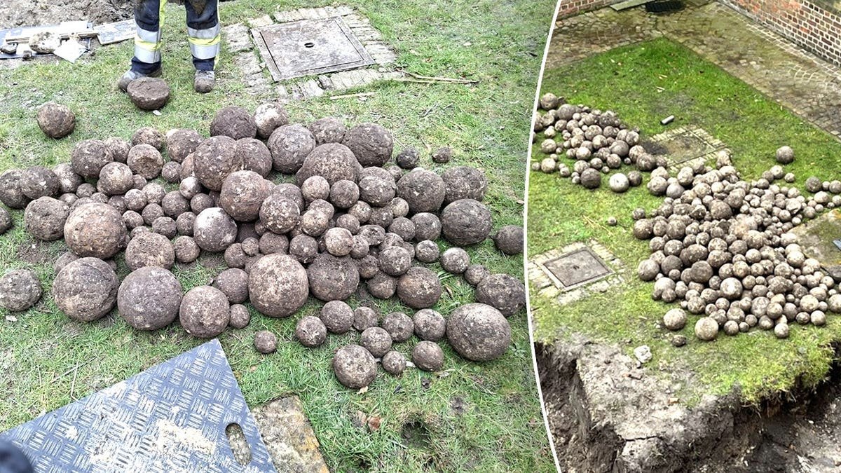 Split image of hundreds of cannonballs at the site